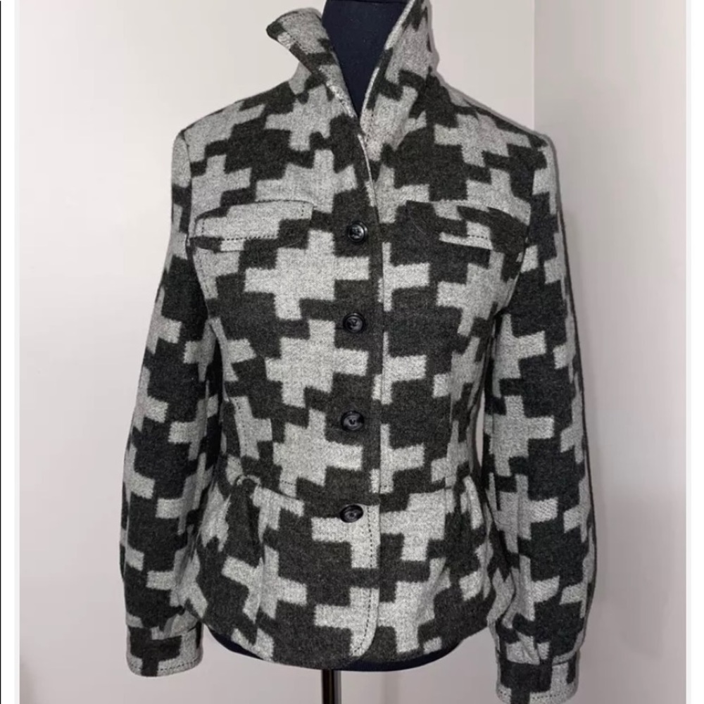 Hazel Black Gray Print Peplum Ruffle Wool Blend Jacket Coat Anthropologie Size M